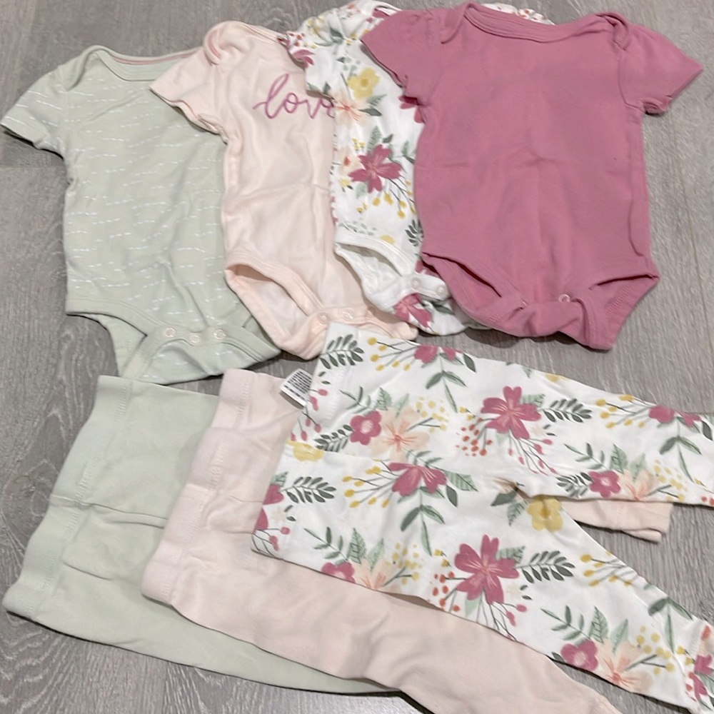 Cat & Jack onesie and pant bundle (4 tops, 3 bottoms)